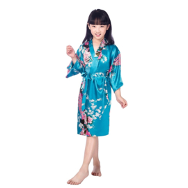 Superleuke kinderkimono met pauwenprint turquoise