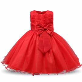 Schitterende luxe feestjurk met rozen en sparkle rok rood maat 140/146