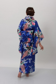 Beeldschone Geisha kimono dress met obi kobaltblauw met pauwenprint