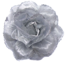 Prachtige zilveren roos met glitters op haarclip/elastiek/broche