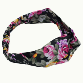 Superleuke knoop haarband met elastiek zwart met bloemen