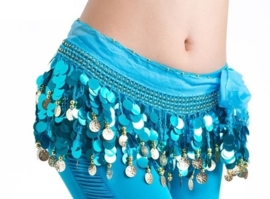 Hele leuke heupsjaal met glitterpailletten en gouden muntjes turquoise