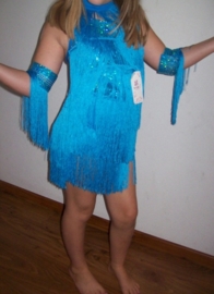 Bijzonder leuk Latin danssetje met franje/glitters en accessoires turquoise