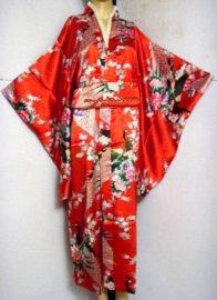 Beeldschone Geisha kimono dress met obi rood met pauwenprint