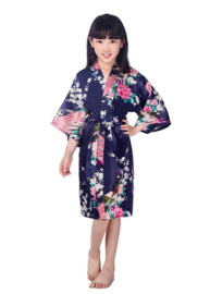 Superleuke kinderkimono met pauwenprint navyblauw