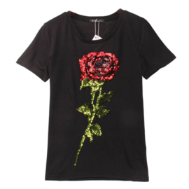 Mooi zwart shirt met grote roos van pailletten