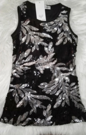 Feestelijk zwart glitterpailletten jurkje met sierlijke zilveren bladeren maat 110/116