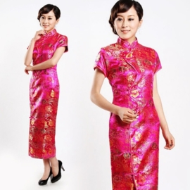 Schitterende lange Chinese "10 button" jurk fuchsia