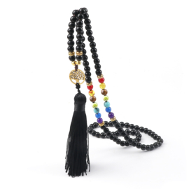 Mala / chakra unisex gebedsketting Onyx met levensboom en kwastje