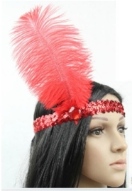 Elastieken pailletten haarband met veer rood