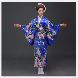 Beeldschone Geisha kimono dress met obi kobaltblauw met pauwenprint