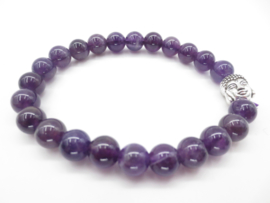 Prachtige armband van geslepen 8 mm Amethyst kralen en Boeddha in geschenkdoosje