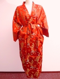 Schitterende lange rode brokaat unisex kimono met draken one-size