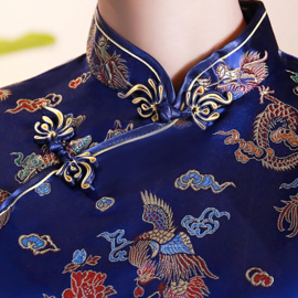 Prachtig kobaltblauw getailleerd Chinees blousje draken motief