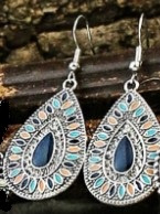 Antiek zilver met emaille oorbellen druppel donkerblauw A34