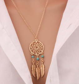 Leuke BOHO dromenvangerketting met veertjes en turkoois kralen goud