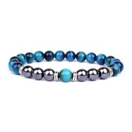 Geweldige BESCHERM armband model 2 blauwe tijgeroog/hematiet 8mm/19cm