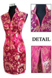 Elegant brokaat mouwloos Chinees jurkje donkerfuchsia met goud