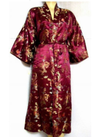 Schitterende lange bordeauxrode brokaat unisex kimono met draken one-size