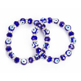 Armband met glazen blauwe "boze oog" kralen en strass