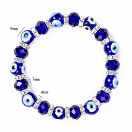 Armband met glazen blauwe "boze oog" kralen en strass