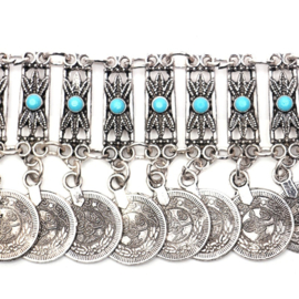Prachtige vintage Bohemian armband met muntjes en turquoise kraaltjes antiek zilver