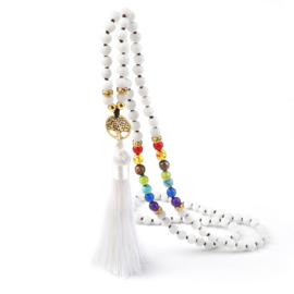 Mala / chakra unisex gebedsketting Witte natuursteen met levensboom en kwastje