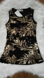 Feestelijk zwart glitterpailletten jurkje met sierlijke gouden bladeren maat 116/122