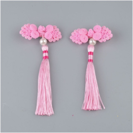 Setje Chinese haarclips roze knoopornament met parel en kwastje