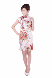Bijzonder mooi Chinees jurkje wit met rode Chinese knoopjes en bloemenprint t/m maat 40