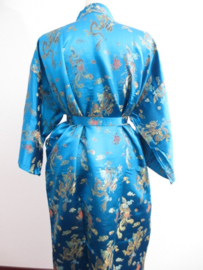 Schitterende lange turquoise brokaat unisex kimono met draken one size