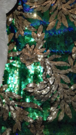 Feestelijk groen glitterpailletten jurkje met sierlijk gouden bladeren maat 146/152