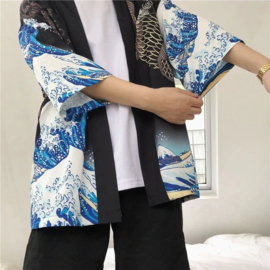 Haori zwart met blauwe zee en karper