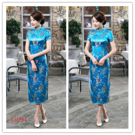 Elegante lange turquoise Chinese jurk met draken en phoenix motief