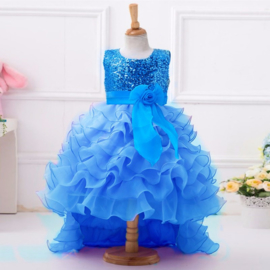 Supermooie feestjurk met pailletten lijfje en gelaagde rok met sleep turquoise