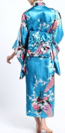 Beeldschone Geisha kimono dress met obi turquoise met pauwenprint
