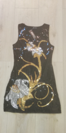 Geweldig glitterjurkje met elegante zilveren/gouden bloemen damesmaat S/M