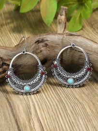 Antiek zilveren oorhangers met turquoise en bordeaux kralen A26