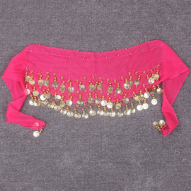 Superleuke fuchsia kinderheupsjaal met gouden muntjes