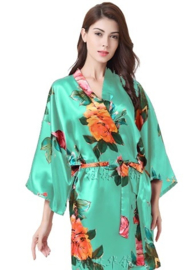 Prachtige licht turquoise kimono met oranje en roze rozenprint