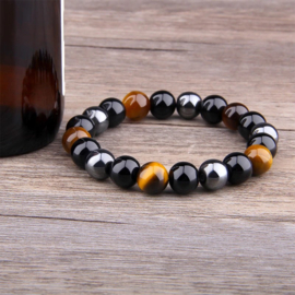 Geweldige ruime BESCHERM armband tijgeroog/obsidiaan/hematiet 10mm/21cm