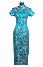 Schitterende lange Chinese "10 button" jurk turquoise