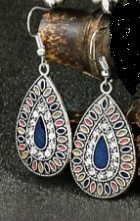Antiek zilver met emaille oorbellen druppel donkerblauw A35