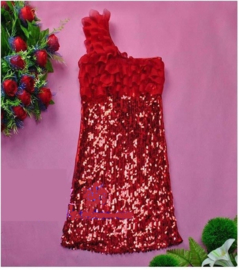 Superleuk stretch one/shoulder glitterjurkje met roezelmouwtje rood mt 146 /152/158