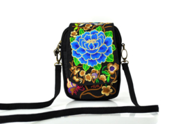 Leuk èn handig geborduurd schoudertasje/telefoontasje met dubbele rits blauwe lotusbloem