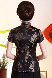 Prachtig zwart getailleerd Chinees blousje draken motief