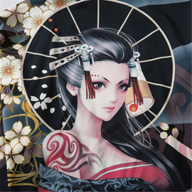 Haori zwart met Geisha en pruimenbloesem
