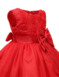 Schitterende luxe feestjurk met rozen en sparkle rok rood maat 140/146