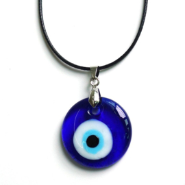 Veterketting met glazen "Boze oog" amulet van 3 cm doorsnede