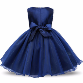 Schitterende luxe feestjurk met rozen en sparkle rok donkerblauw maat 122/128